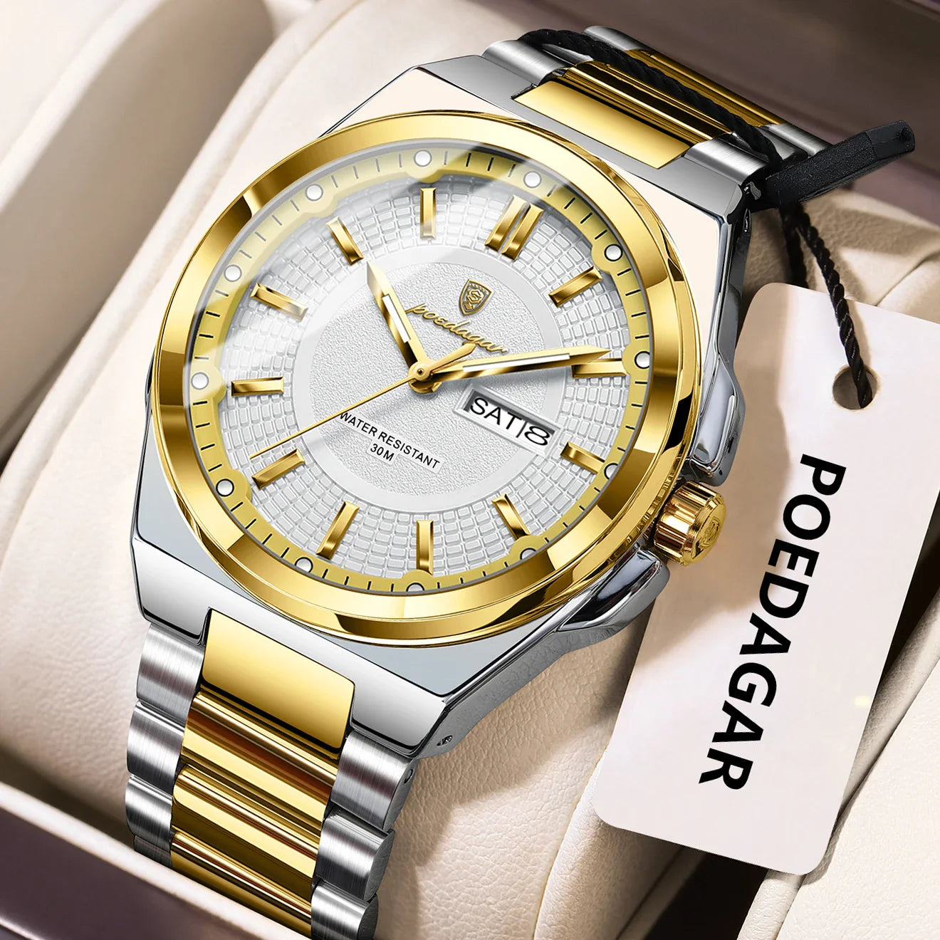 POEDAGAR Top Original Men's Watches Stainless Steel Waterproof Luminous Man Watch Date Week Classic Trendy Quartz Men Wristwatch