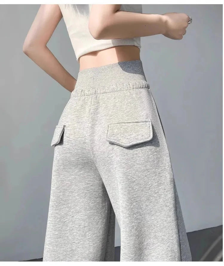 Women's Relaxed Fit Gray High-Waist Wide-Leg Pants