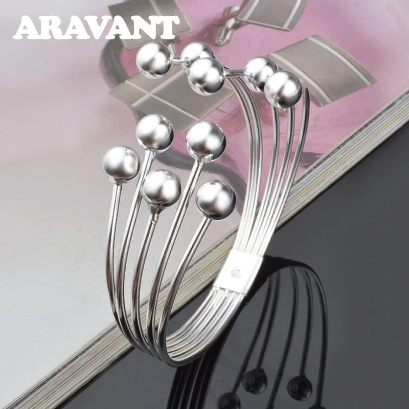 Aravant 925 Silver Multi Line Bead Open Bracelet Bangles For Women Wedding Jewelry Gifts