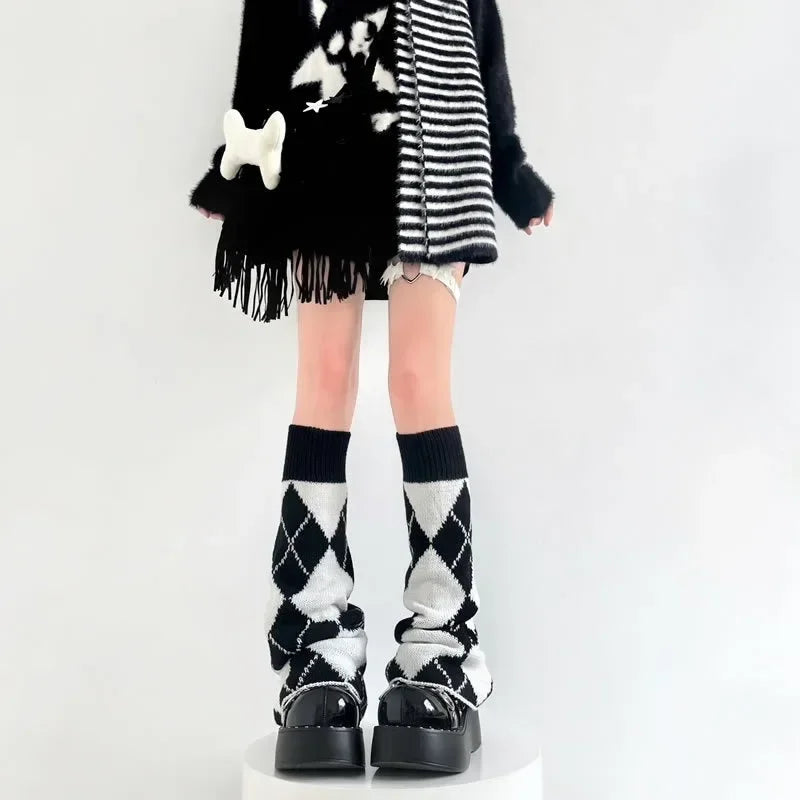Y2K Punk Knitted Leg Warmers Black White Heart Star Argyle Style - Image 13
