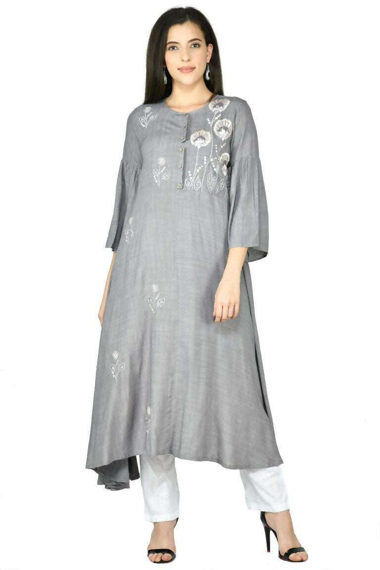 Grey Cotton Rayon Kurta Set for Women - Comfortable Ethnic Wear