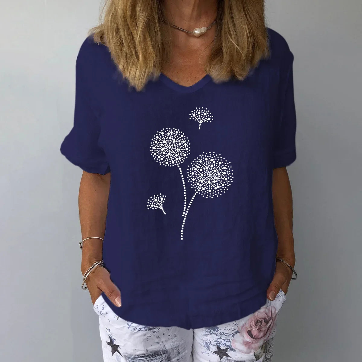 Women Dandelion Print Cotton Linen Blend Short Sleeve V-Neck Top - Image 7