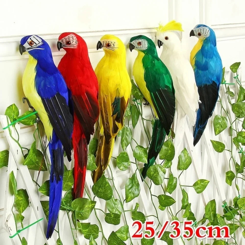 Handmade Feather Parrot Statue – Lifelike Bird Ornament for Garden and Home Decor