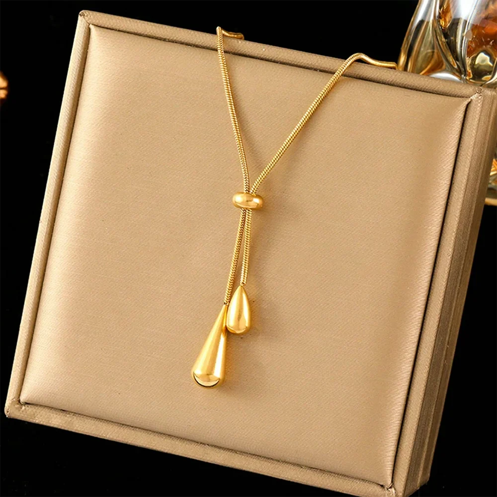 DOTIFI  Stainless Steel Pull Adjustable Water Drop Shape Tassel Charm Necklace Fashion Personality High-Grade Jewelry Gifts