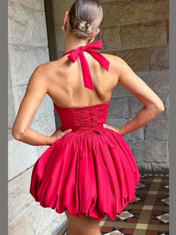 Women’s Pink Corset Puffball Hem Mini Dress Flirty Halter Style - Image 4