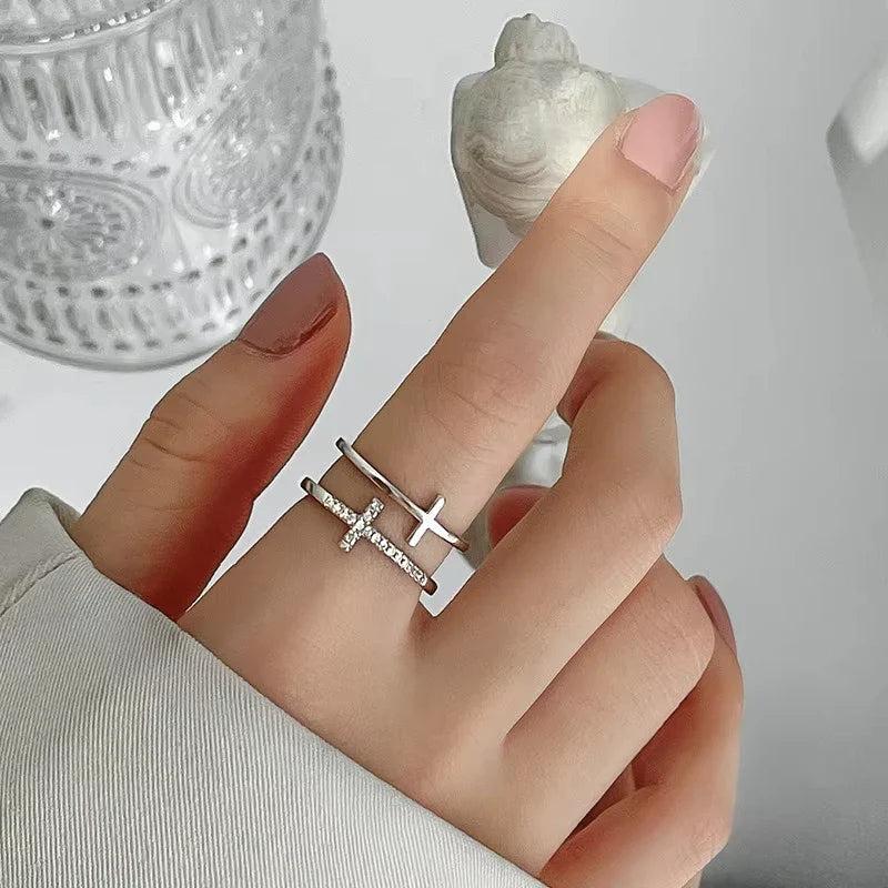 Fashion Double Layer Cross Open Ring For Women Minimalist Gold Silver Color Adjustable Finger Ring Female Party Wedding Jewelry