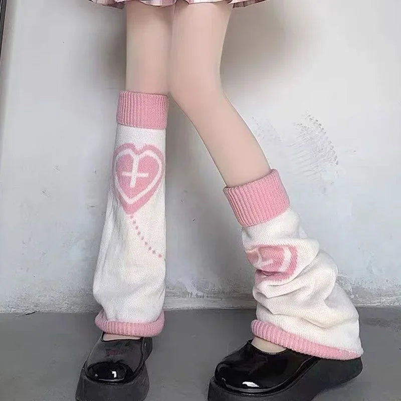 Y2K Punk Knitted Leg Warmers Black White Heart Star Argyle Style - Image 23