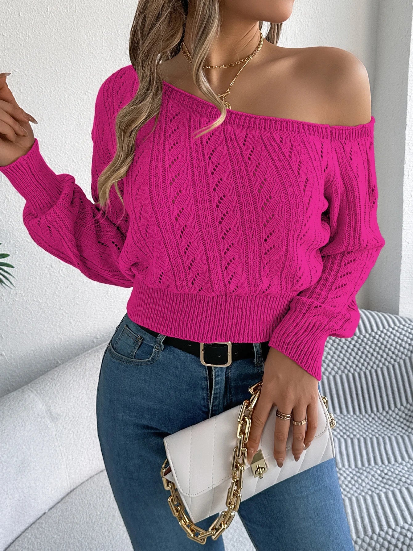 Women Off Shoulder Knitted Long Sleeve Pullover Sweater - Image 31