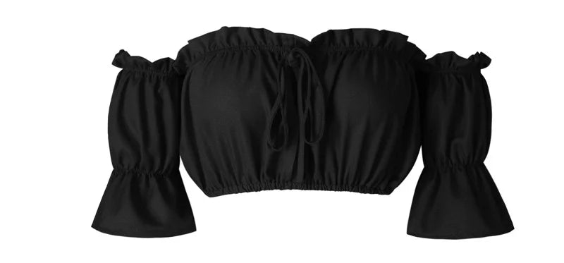 Women's Ruched Crop Top, Strapless Lantern Sleeve Summer Beach Top