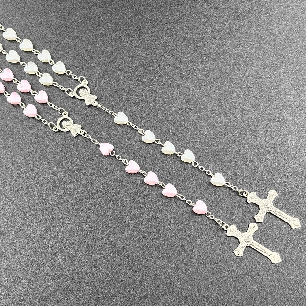 White Heart Rosary Necklace For Women Virgin Mary Cross INRI Pendant Long Chain Men Religion Prayer Party Jewelry Accessories
