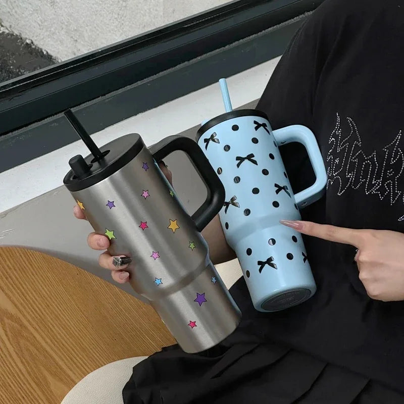 24oz Portability Tumbler with Handle Straw Lid Large Volume Stainless Steel Vacuum Insulated Cup Keep Cold Travel Mug