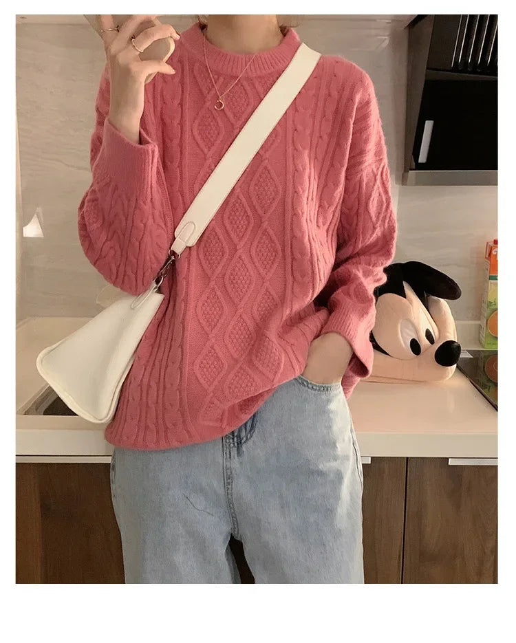 Women's Pink Cable Knit Crew Neck Long Sleeve Sweater - Image 17