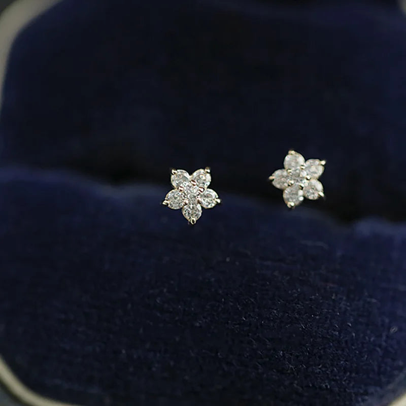 Pentagram Small Flower Zircon Stud Earrings S925 Sterling Silver Elegant Popular Female Accessories Gifts Party All Occasion