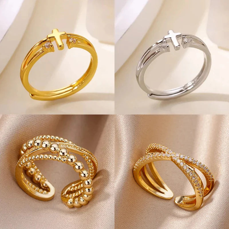 Zircon Cross Rings For Women Gold Color Stainless Steel Crystal Cross Adjustable Ring Religious Wedding Christmas Jewelry Gift