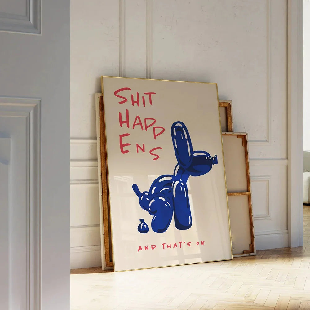 Modern Blue Balloon Dog Wall Art Canvas Shit Happens And That's Ok Painting Quote Posters For Living Room Bedroom Home Decor