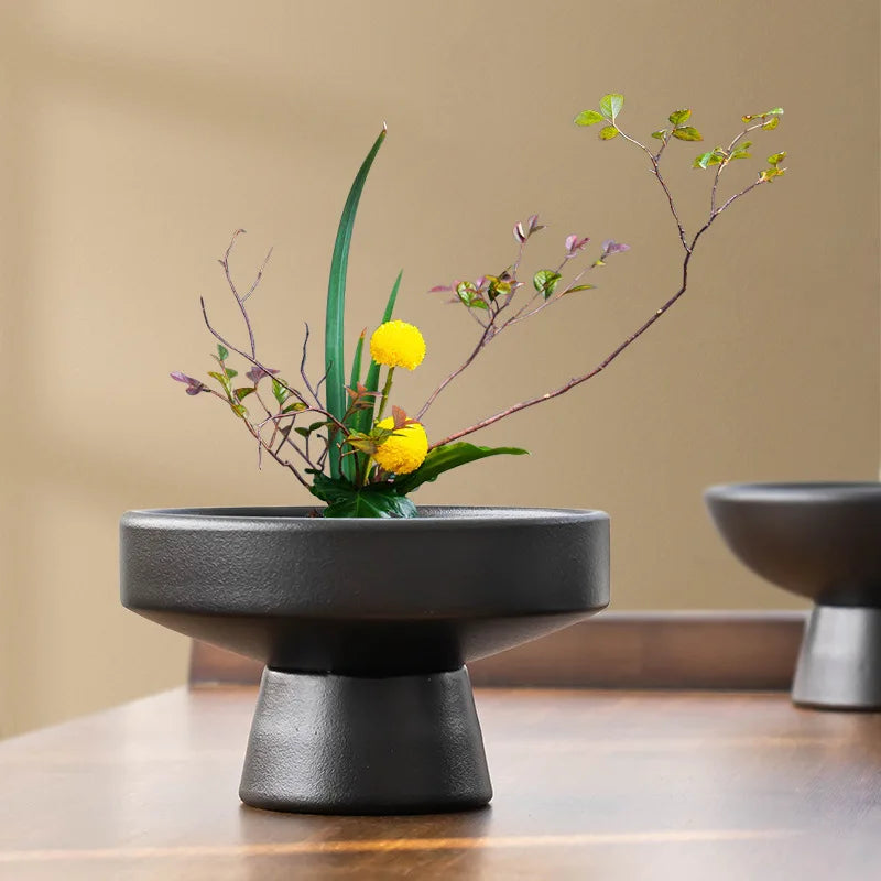 Retro Ceramic Vase Black Plant Vase FlowerPot Ornament Tabletop Plants Home Bonsai Decor Tabletop Floral Accessories
