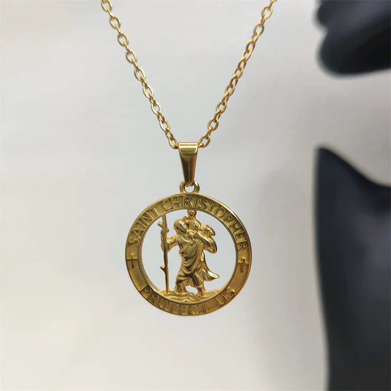 Hot Sale Religious 18K Gold Plated St.Christopher Necklace Stainless Steel Pendant Necklace For Men Women Jewelry Gift