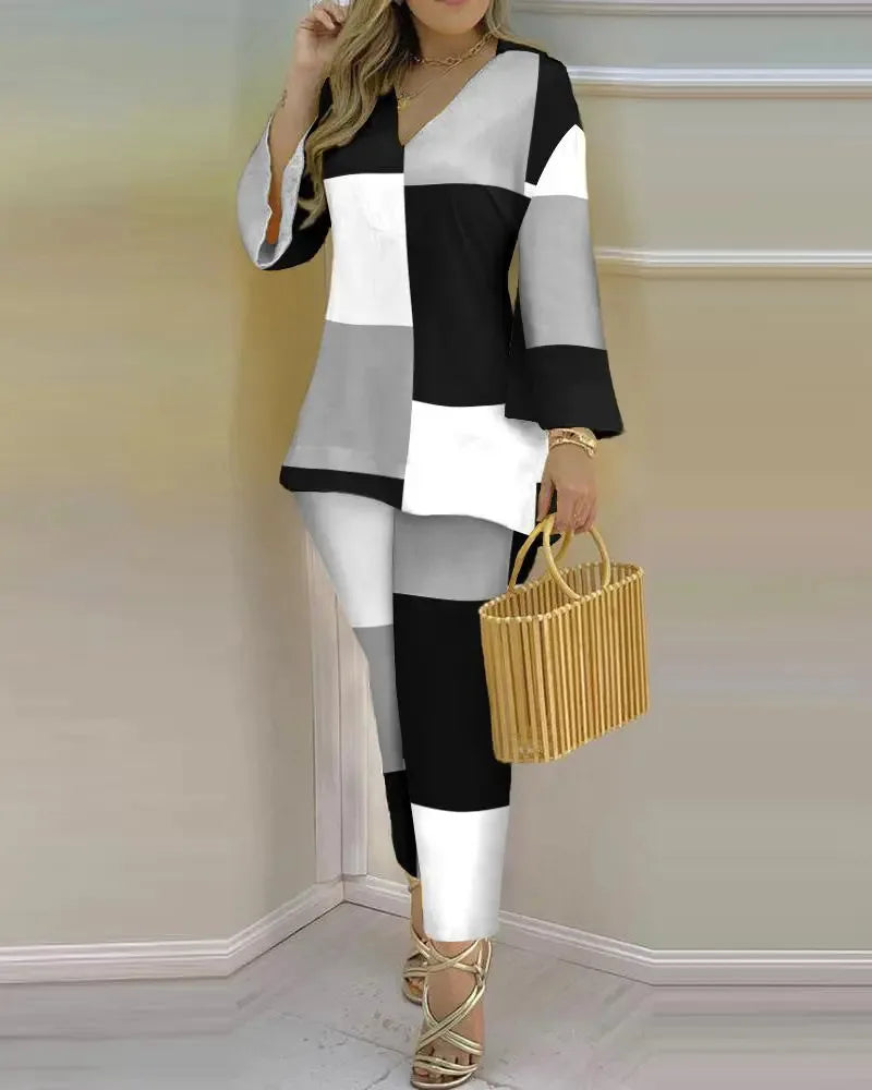 Women Printed V-Neck Long Sleeve Top and Pant Two Piece Set - Image 11