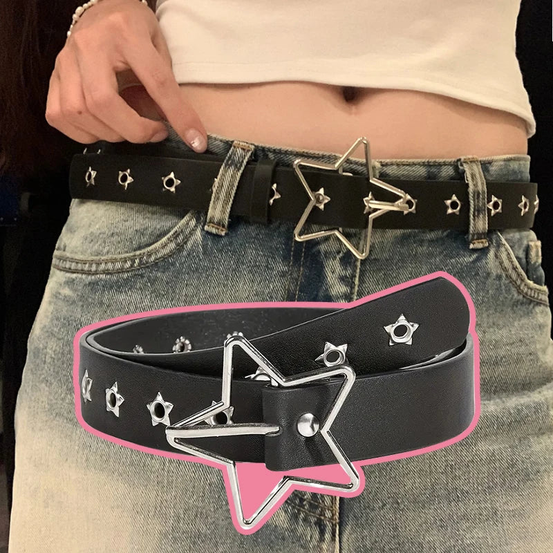 Y2K Punk Star Rivet Black Red Goth Faux Leather Belt Unisex - Image 3