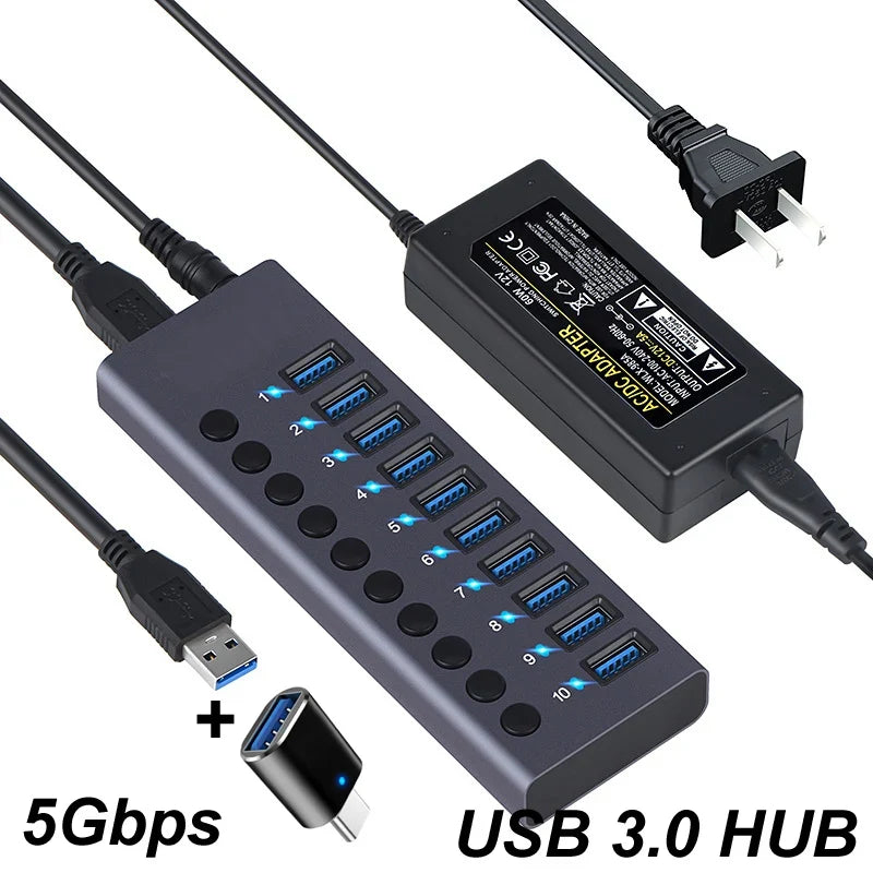 10-Port USB 3.0 Hub, 5Gbps Data Transfer Docking Station with 60W Power