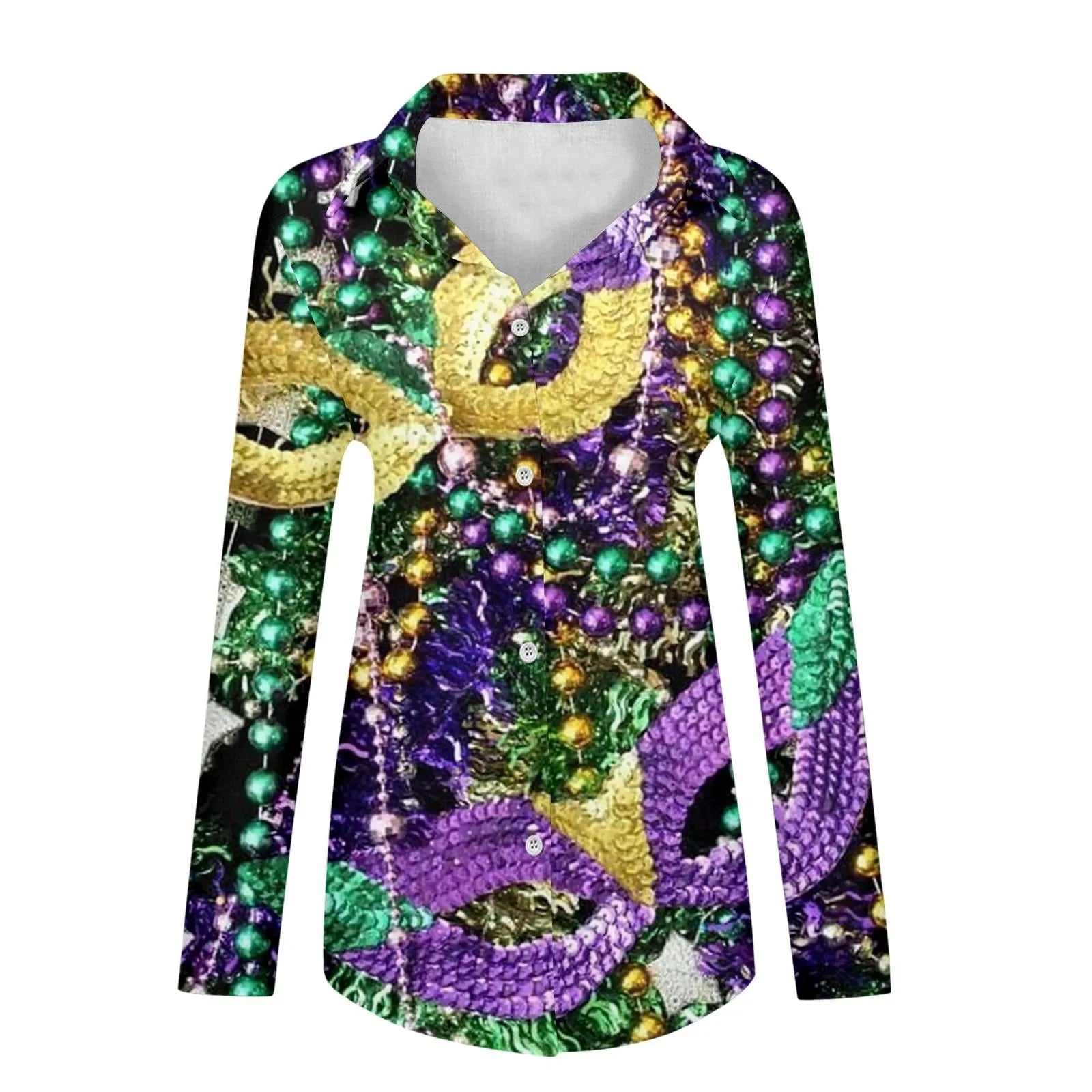Women's Mardi Gras Carnival Print V-Neck Long Sleeve Shirt - Image 2