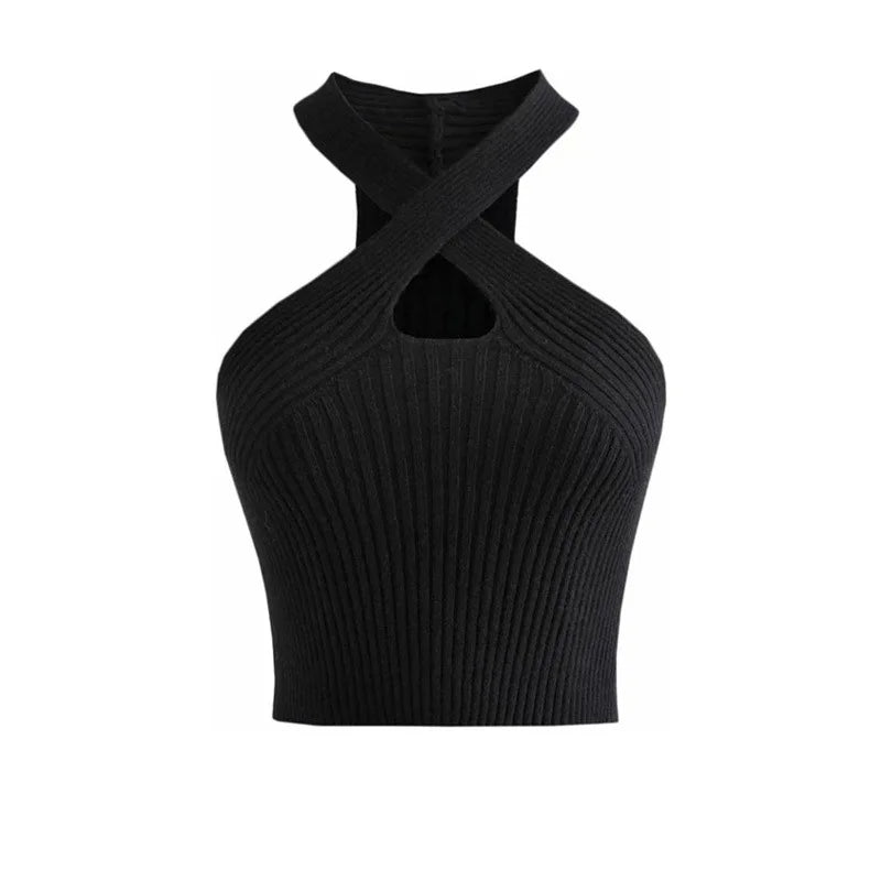 Women's Halter Crop Top, Knitted Off Shoulder Strappy Tank Top