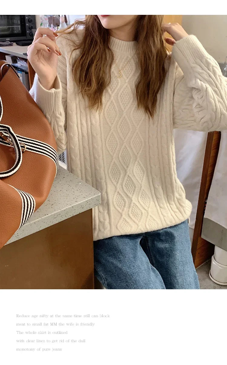 Women's Pink Cable Knit Crew Neck Long Sleeve Sweater - Image 7