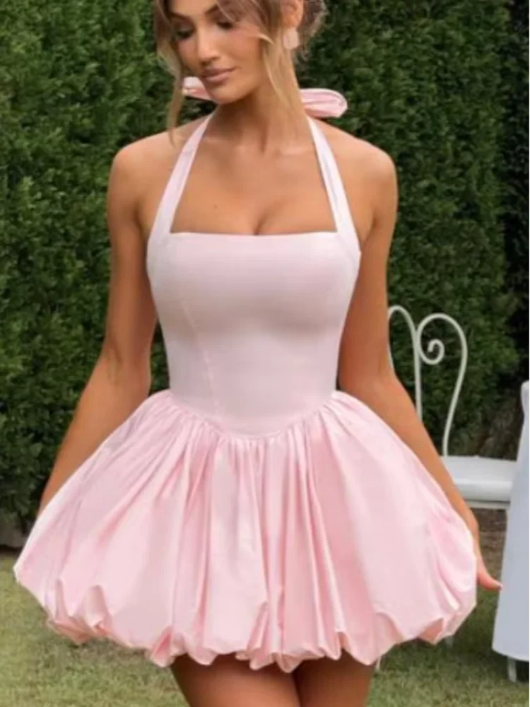 Women’s Pink Corset Puffball Hem Mini Dress Flirty Halter Style - Image 9