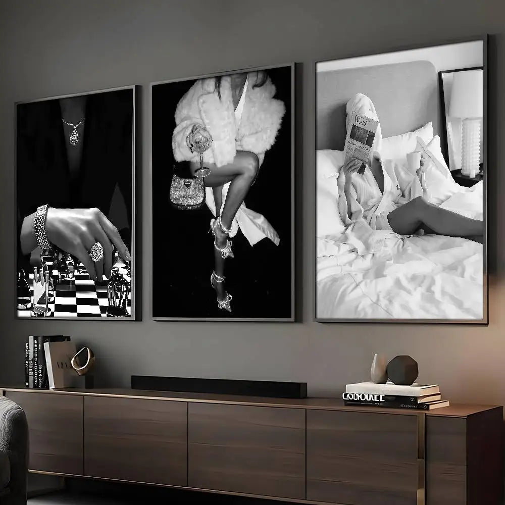 Modern Luxury Fashion Black White Art Heels Champagne Retro Poster Sticky Wall Art Printing Waterproof Home Living Bed Room Bar
