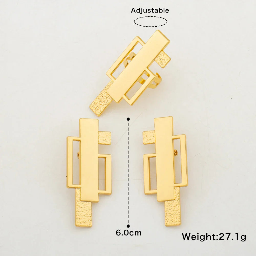 Dubai Gold Color Earrings and Ring Set for Ladies Weddings Hollow Out Clip Earrings and Finger Ring Set for Nigerian Daily Wear