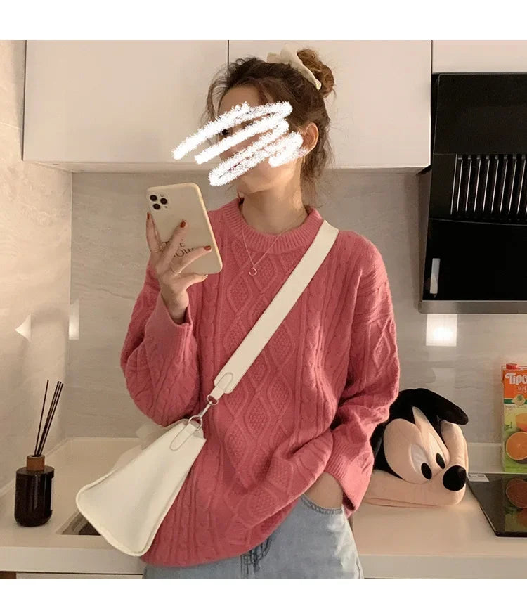 Women's Pink Cable Knit Crew Neck Long Sleeve Sweater - Image 16
