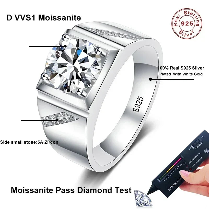 NeeTim 1ct 2ct D VVS1 Moissanite Ring For Men 925 Sterling Silver with Gold Plated Engagement Wedding Band Lab Diamond Man Rings