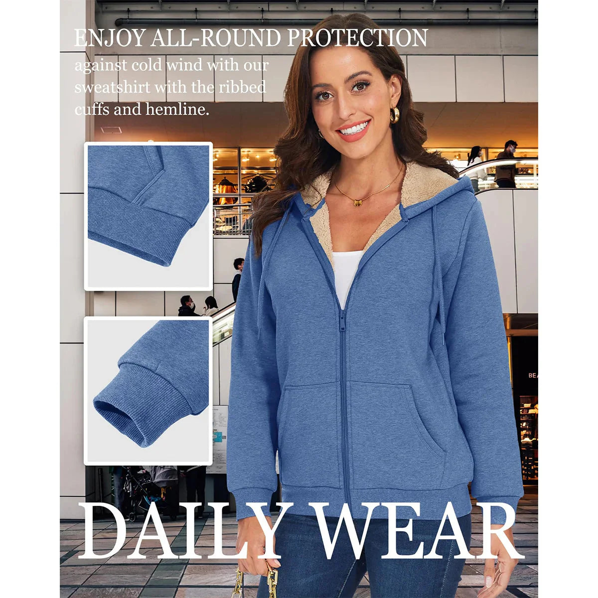 Women's Blue Sherpa-Lined Fleece Zip-Up Hoodie Jacket - Image 2