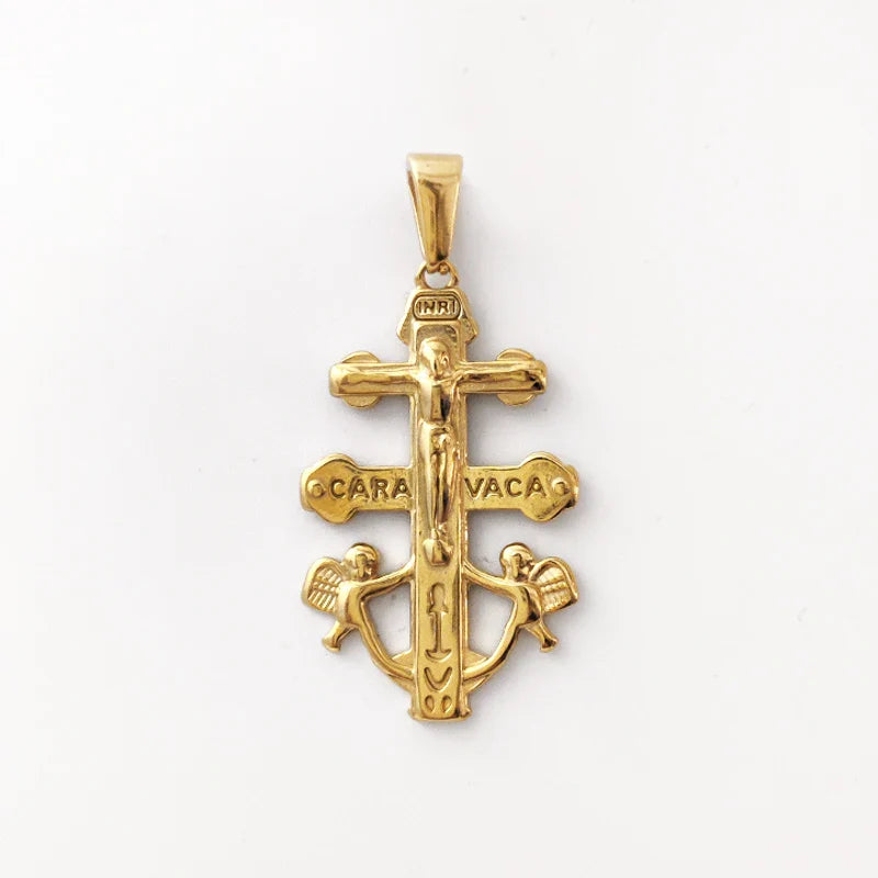 Caravaca De La Cruz Crucifix Pendant Christian Angels and Christ in Relief Stainless Steel Caravaca Cross Charms DIY Accessories