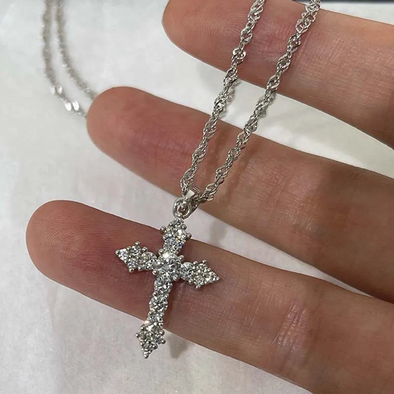 Shiny Crystal Zircon Cross Pendant Necklace for Women Girls Punk Silver Color Thin Chain Necklace Party Jewelry Birthday Gift