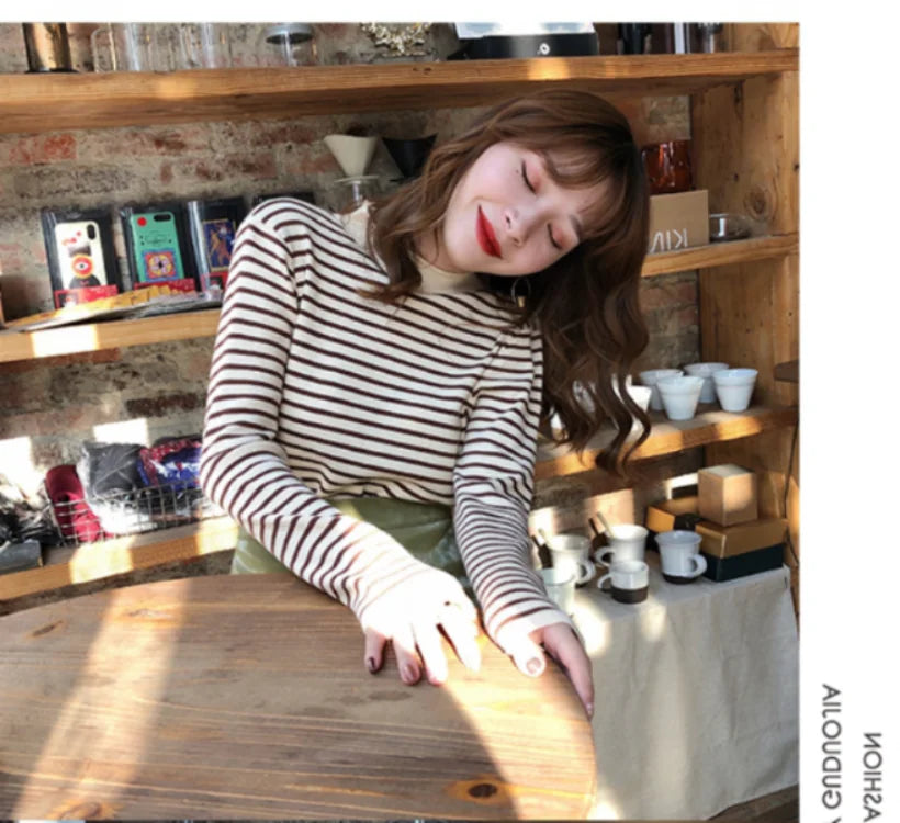 Women Striped Mock Neck Long Sleeve Ribbed Knit Pullover Sweater - Image 12