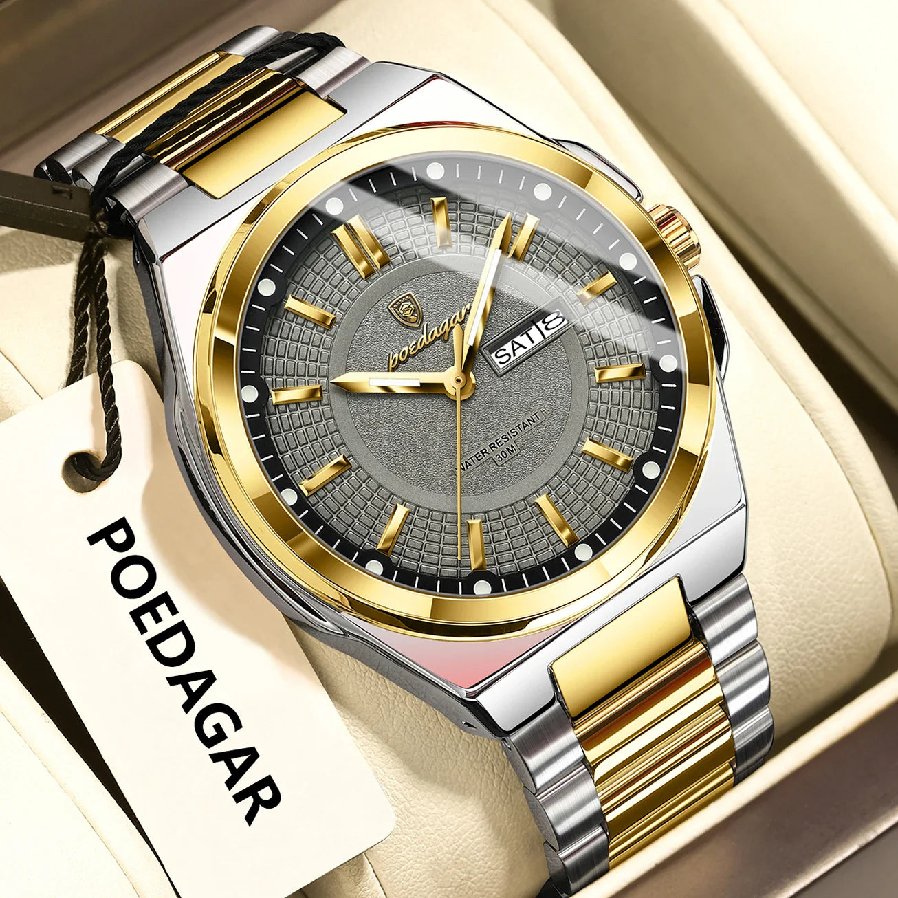 POEDAGAR Top Original Men's Watches Stainless Steel Waterproof Luminous Man Watch Date Week Classic Trendy Quartz Men Wristwatch