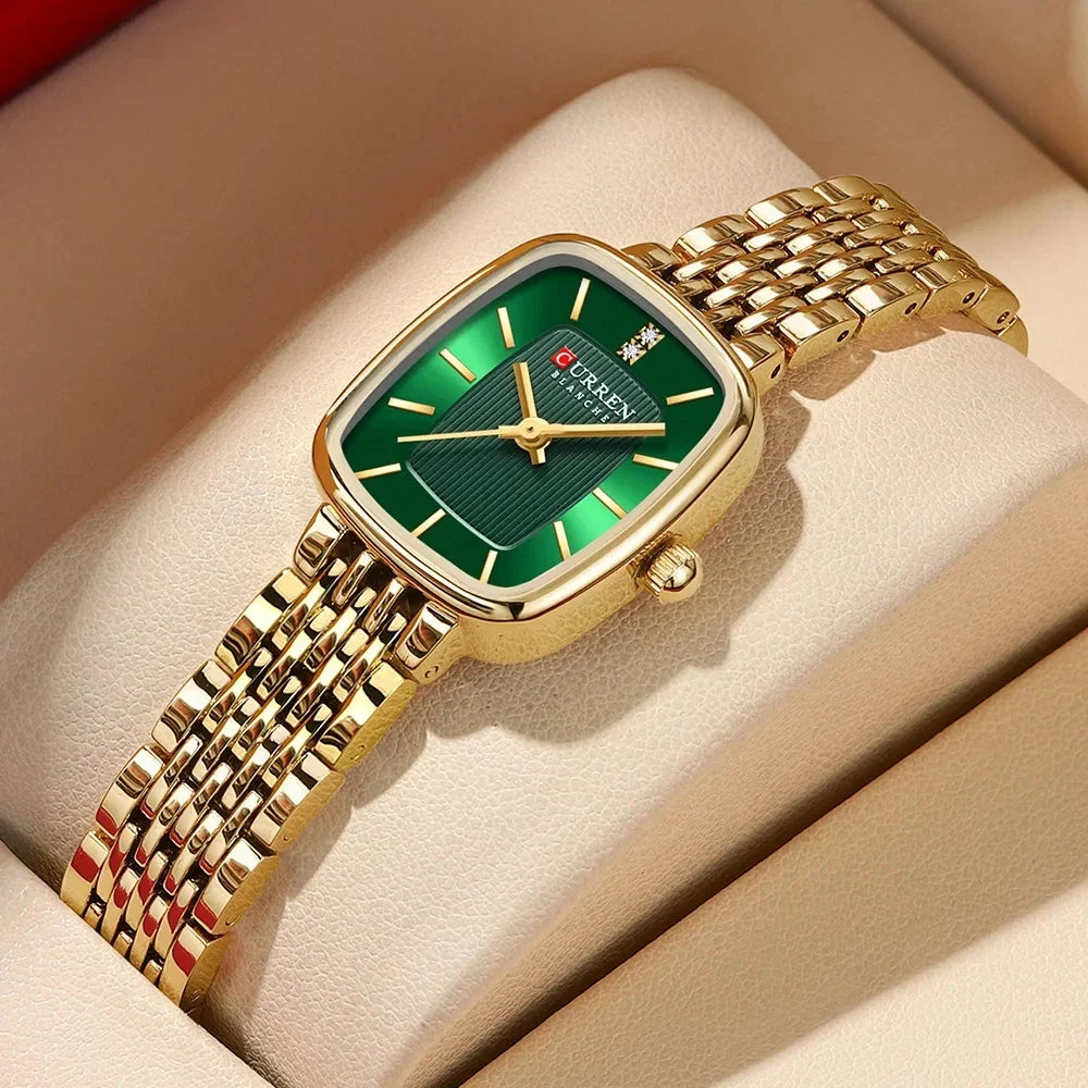 CURRN 9093 Women's Quartz Watch Fashion Leisure Diamond Simple Gold Silvery Steel Strip Wristwatch for Ladies Gift Clock
