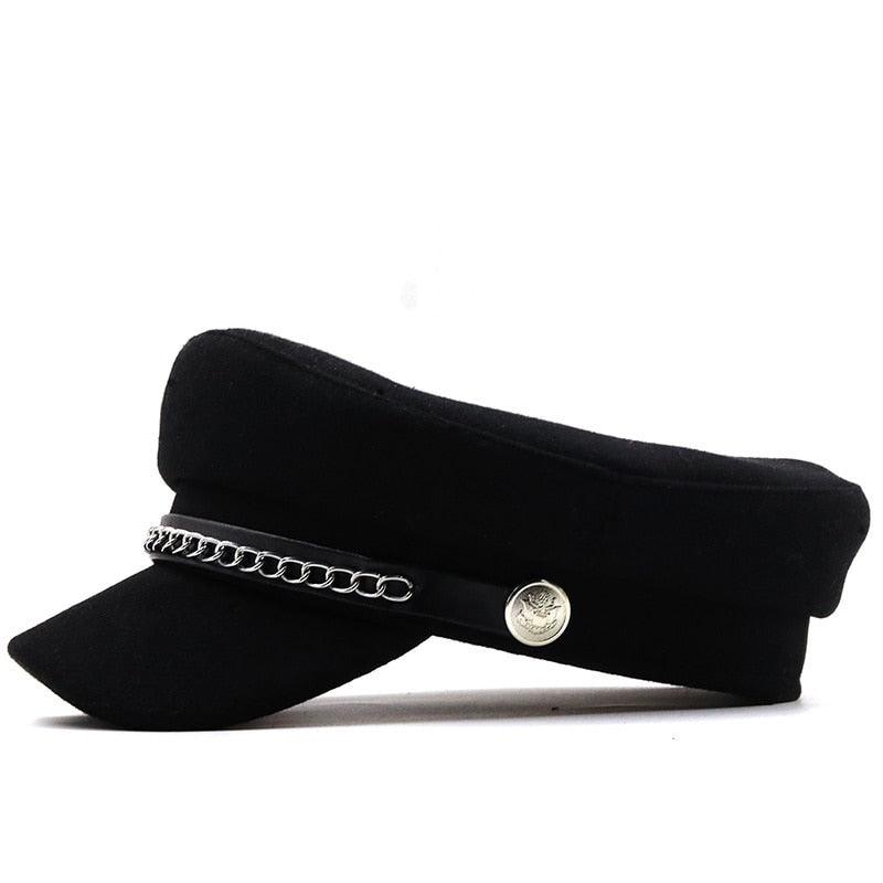 Elegant Black Leather Military Beret with Chain Detail - Women's Cap