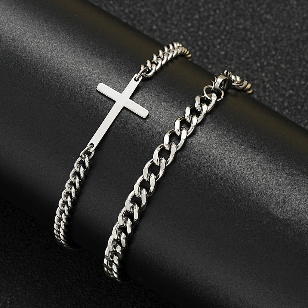 2024 New Stainless Steel Cross Cuban Chain Bracelet Set for Men Hip Hop Punk Snake Chain Bracelets Fashion Unisex Jewelry Gifts