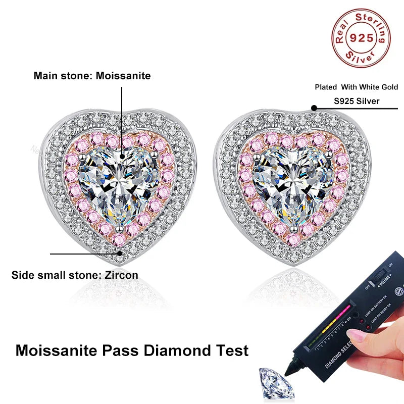 NeeTim 0.5ct Moissanite Earrings for Women Heart Shaped Lab Diamond Ear Studs 925 Sterling Silver Party Wedding Fine Jewelry
