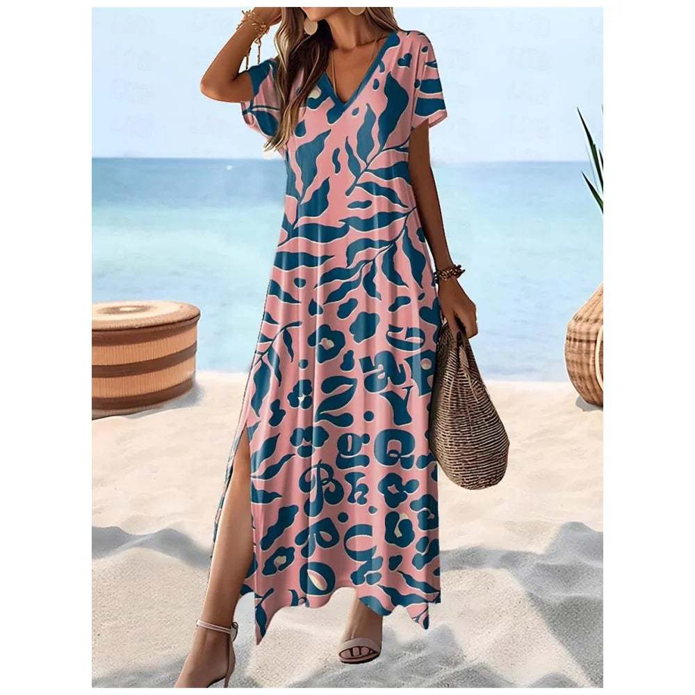 Women's Hawaiian Maxi Dress - Flowy V-Neck Summer