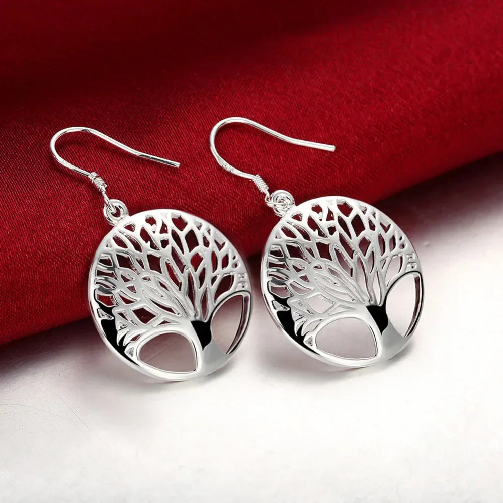 925 Sterling Silver Fine Retro Round Tree Pendant Necklace Earrings Sets For Woman Fashion Party Wedding Jewelry Set Gifts