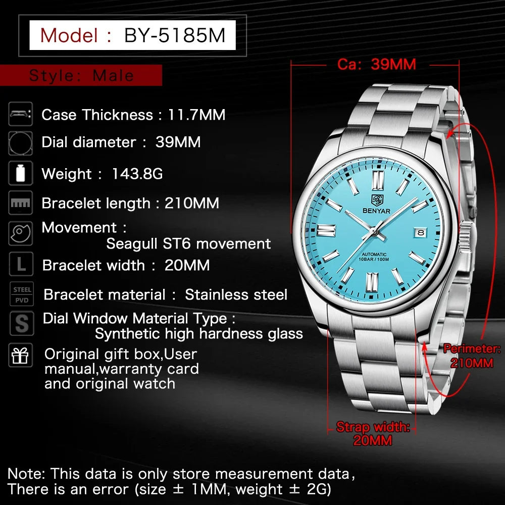 New BENYAR Luxury Automatic Watch 10ATM Waterproof Stainless Steel Men Mechanical Wristwatches Sports Diving Watch for Men