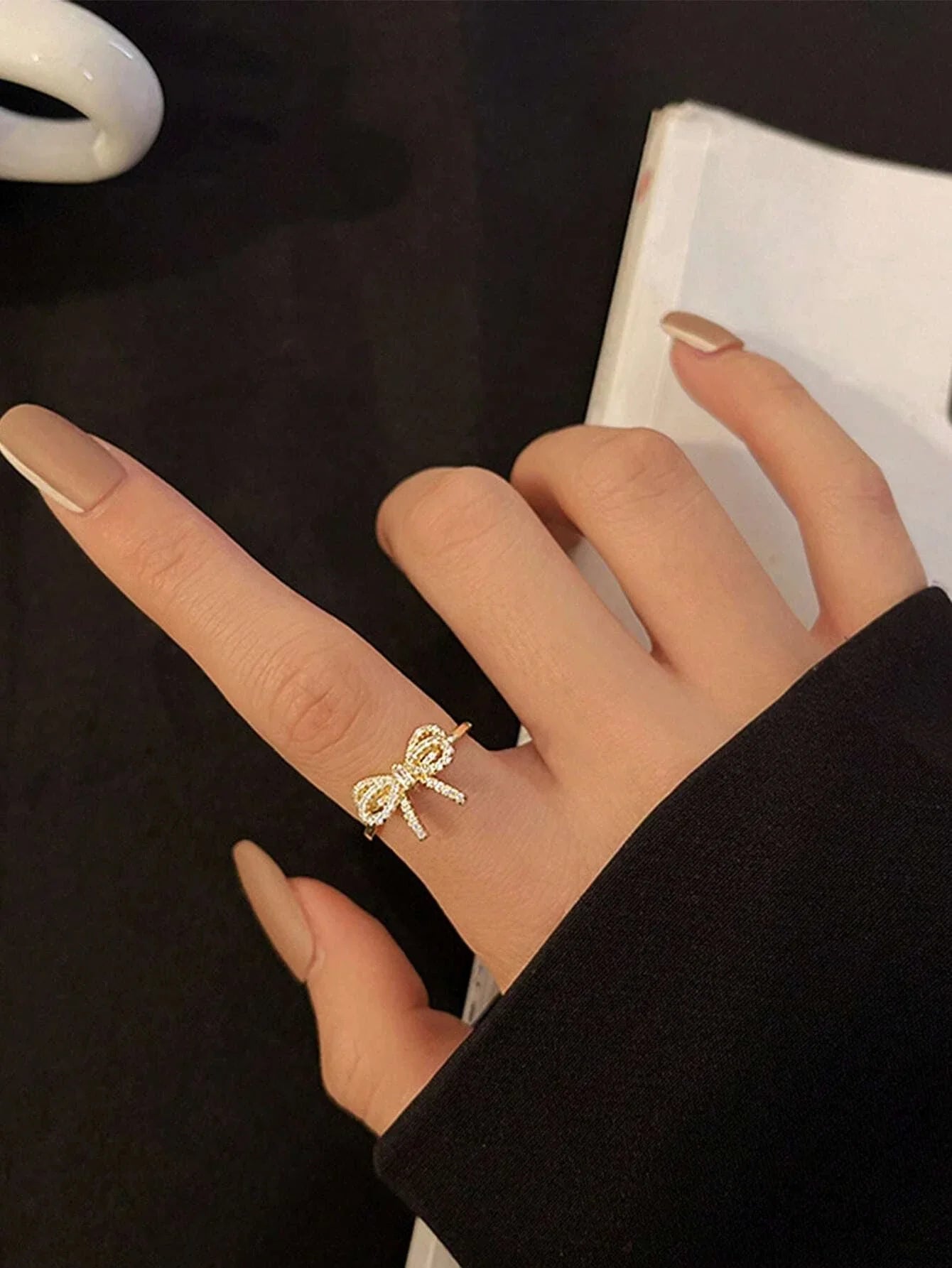 Yupsk Korean Fashion Micropaved Crystal Zirconia Bow Ring for Women Girls Exquisite Ins Trendy Minimalist Finger Rings Jewelry