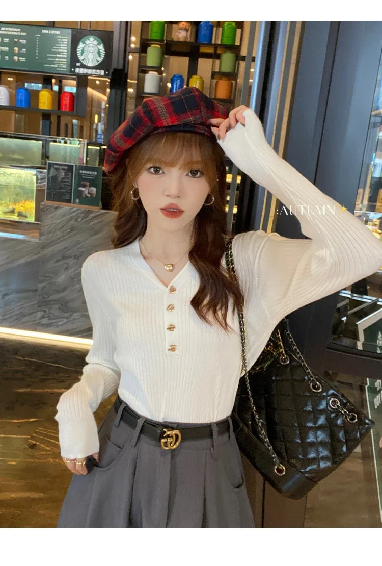 Women Beige Ribbed Button Down Long Sleeve Knitted Pullover Top - Image 25