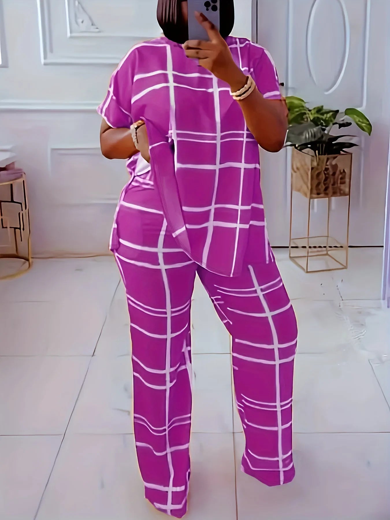Women's Striped Grid Print Casual Two Piece Short Sleeve Set - Image 13