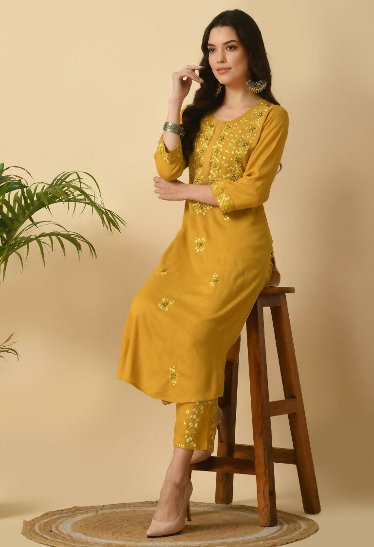 Mustard Cotton Rayon Kurta Set - Two Piece Women's Ethnic Wear