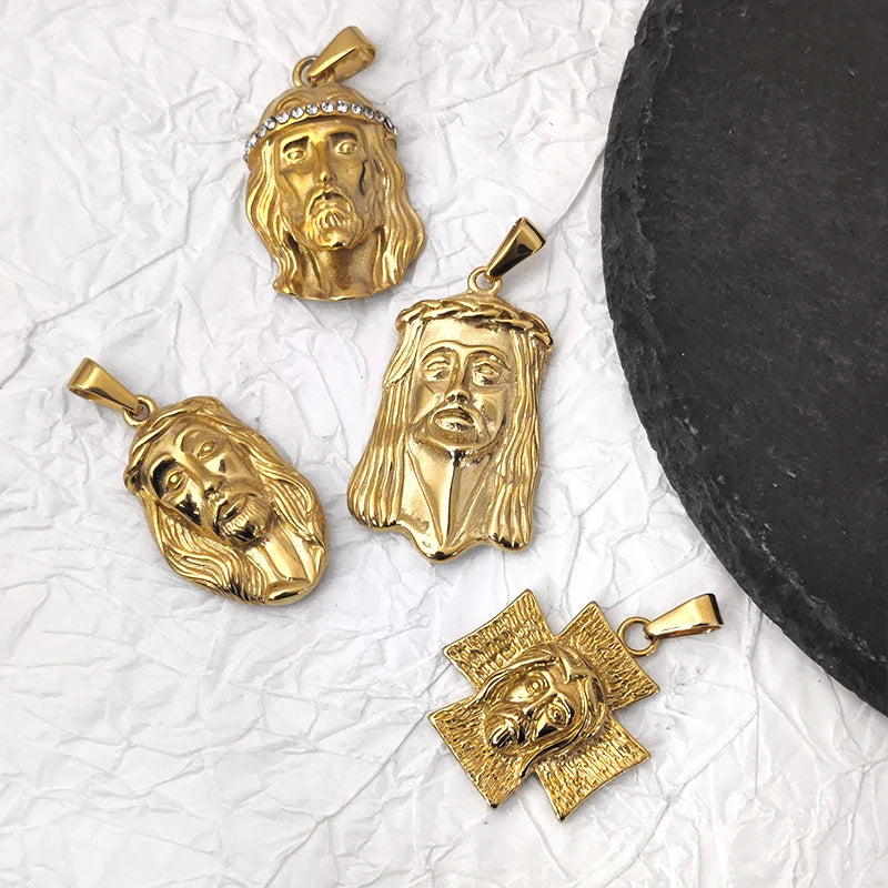 18K Gold Plated Jesus Face Cross Pendant Necklace Religious Charm for Men Women Faith-Inspired Jewelry Christian Gift