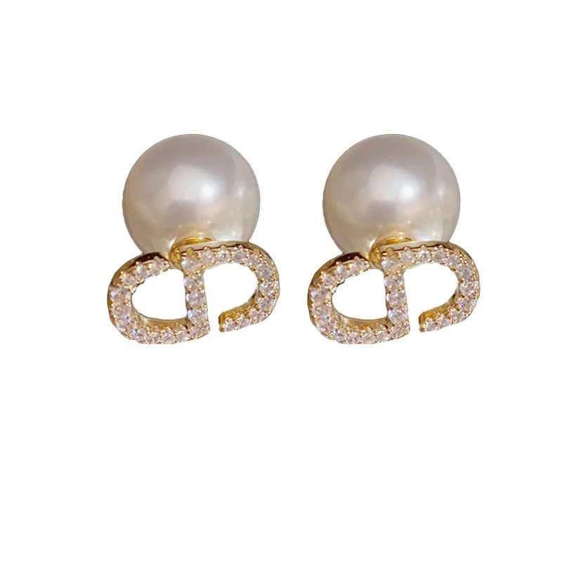 Plated Silver Needle Zircon Letter Pearl Earrings French Luxury Sensation High-End Jewelry Women's Earring Accessor